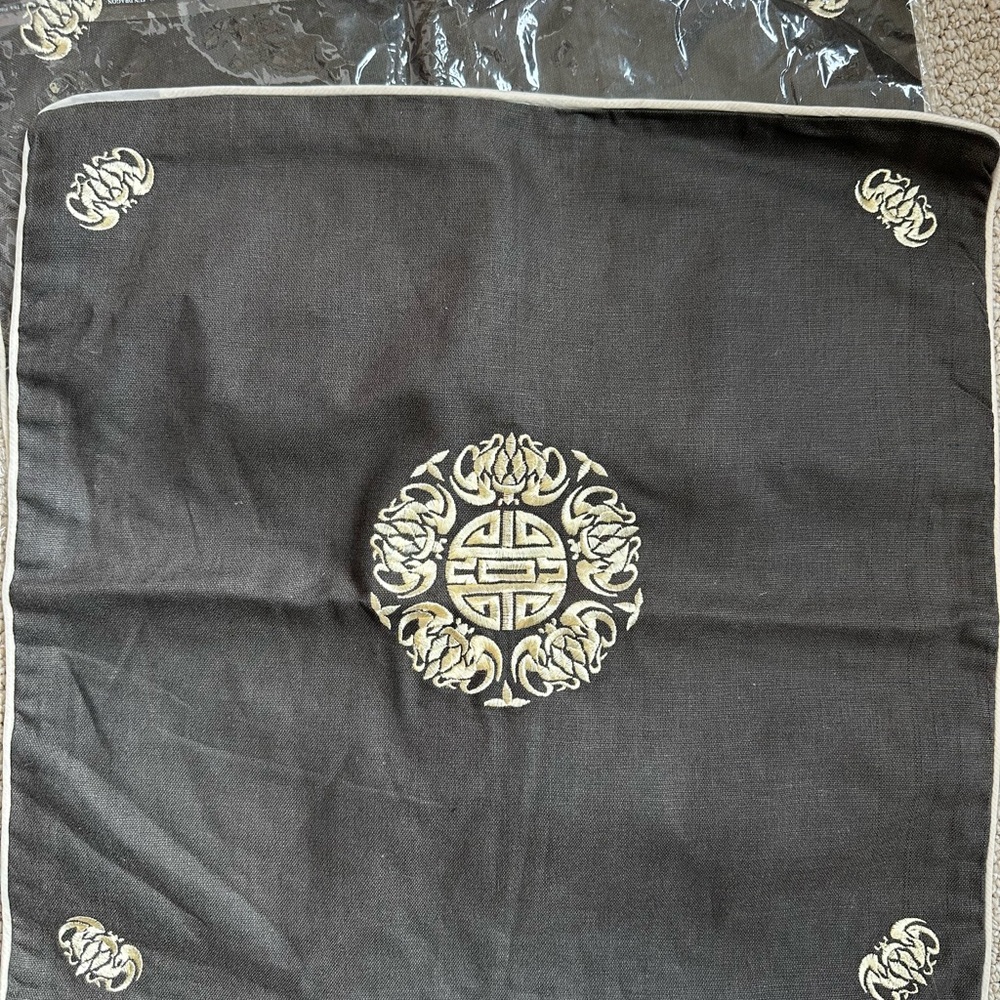 Chocolate brown linen Decorative Pillow Covers with Gold Embroidery (2)